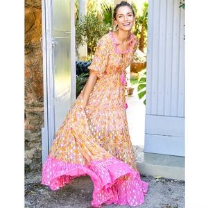 Miss June Paris Sally maxi dress, one size pink orange gold